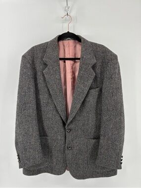 Vintage Harris Tweed 100% Wool Men's Classic Gray Blazer with Pink Lining
